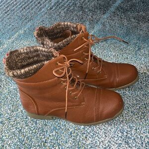 Brown faux leather knit cuff ankle boots